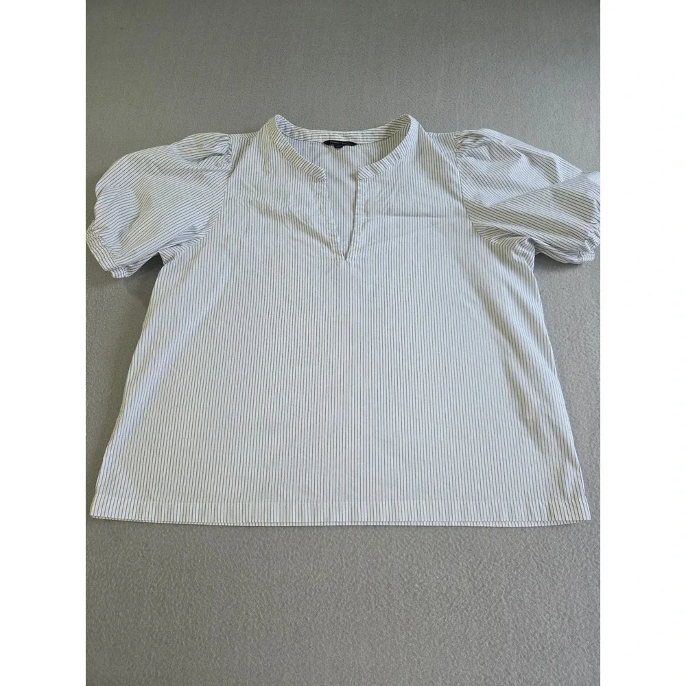 Banana Republic Blouse Women XL White Blue Pinstripe Puff Sleeve Split Neck Top